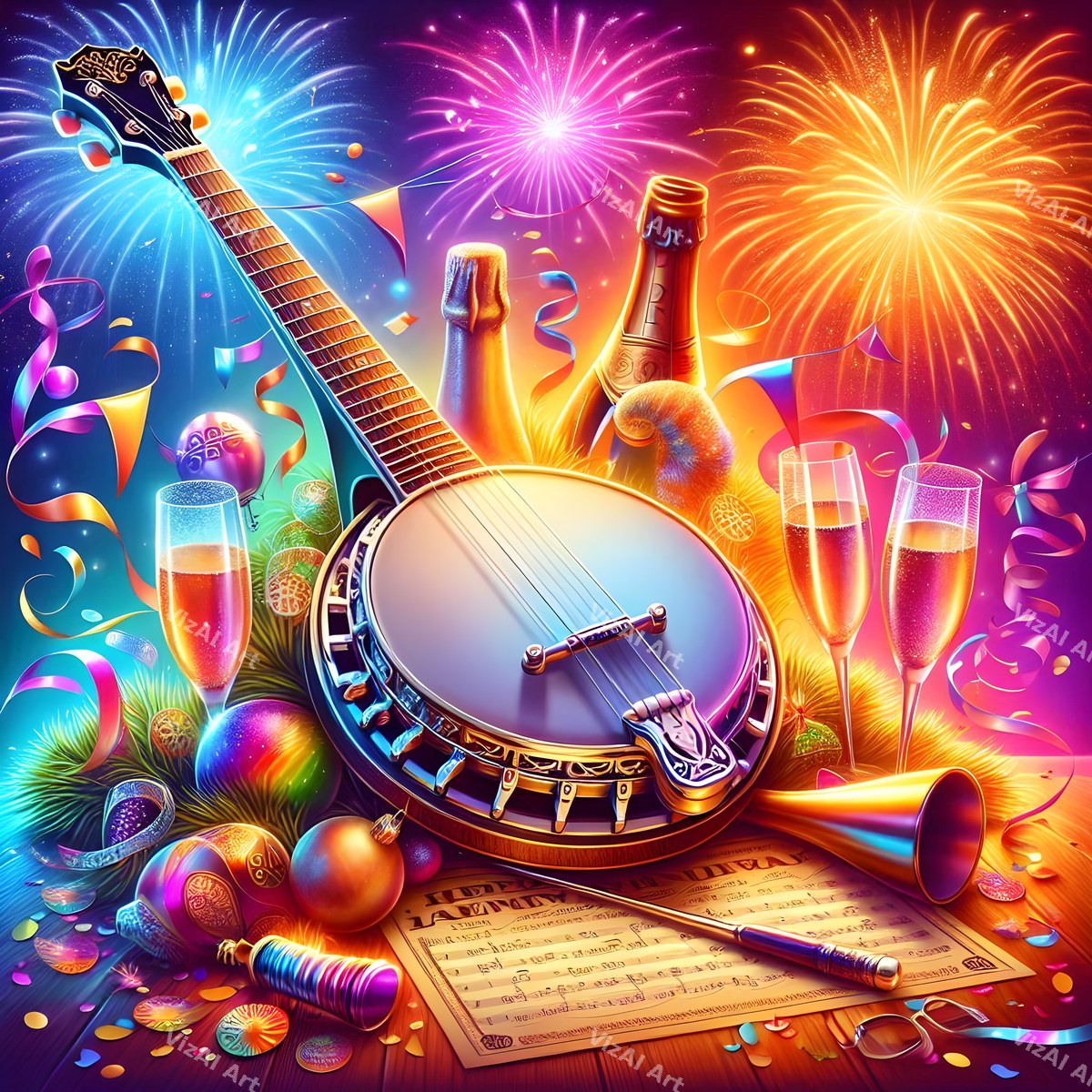 New Year Champagne & Strings Music Art — print 10