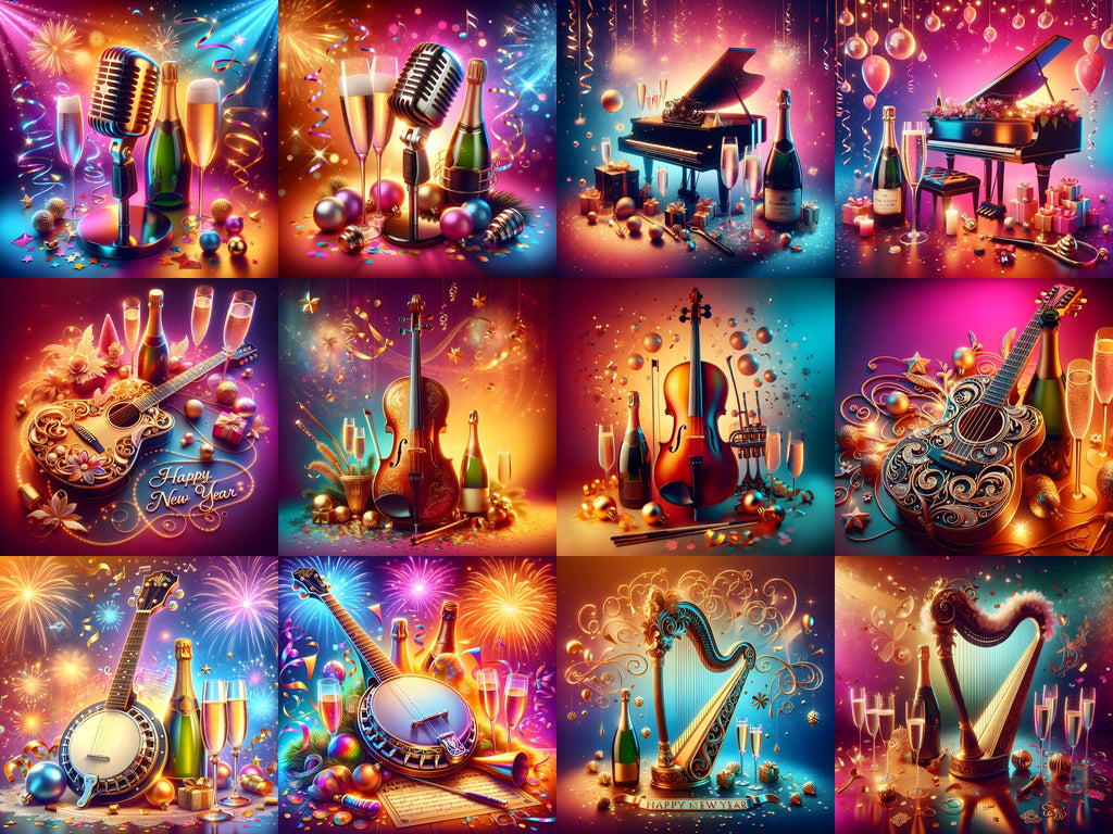 New Year Champagne & Strings Music Art — 12 Printable Prints