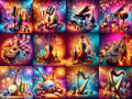 New Year Champagne & Strings Music Art — 12 Printable Prints