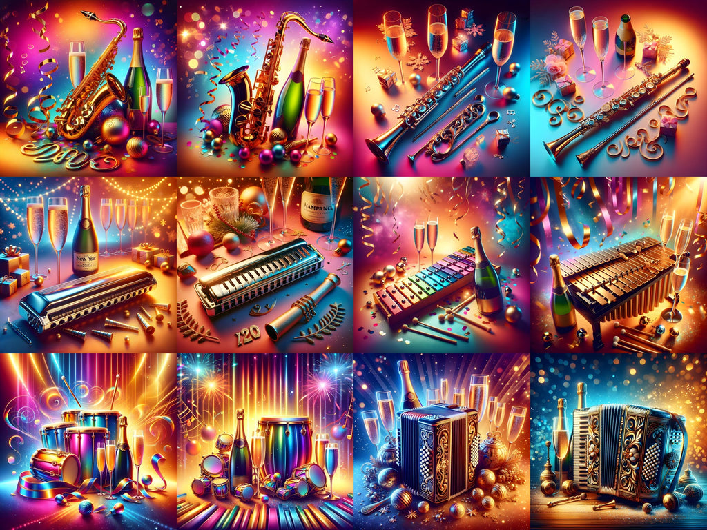 New Year Brass & Rhythm Music Art — 12 Printable Prints