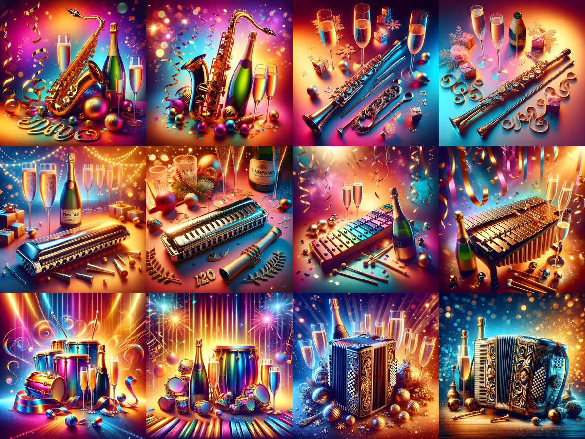 New Year Brass & Rhythm Music Art — 12 Printable Prints