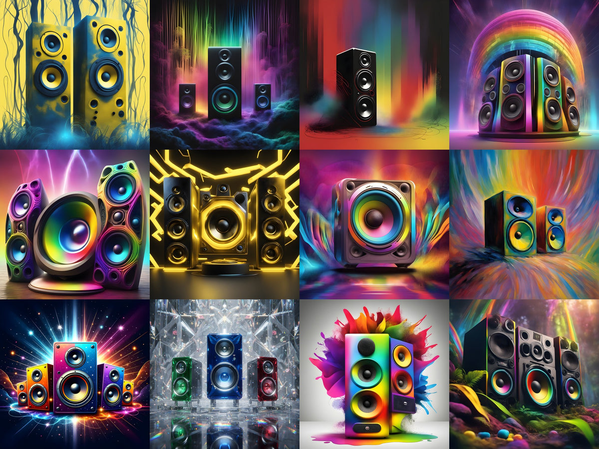 Rainbow & Neon Speakers Art — 12 Printable Prints