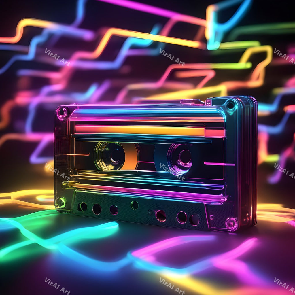 Neon Cassette & Music Notes Art — print 1