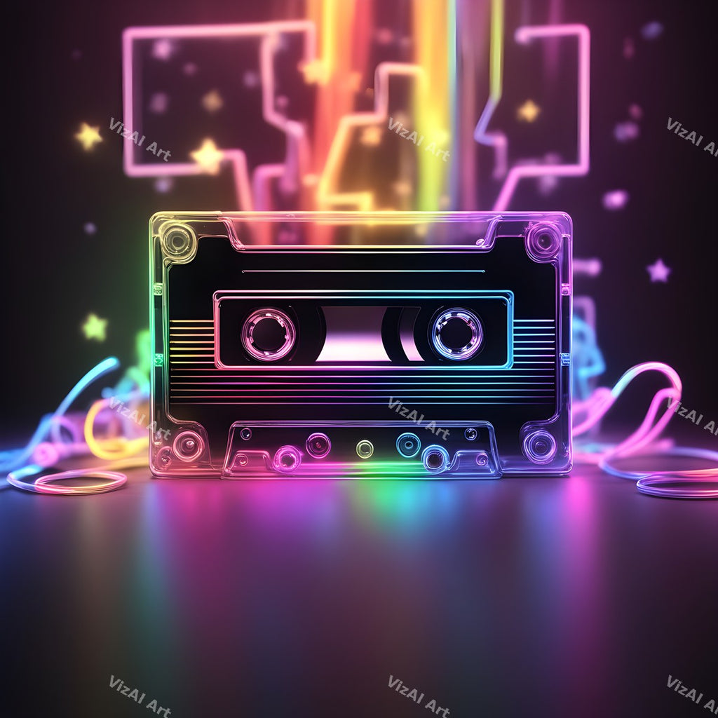 Neon Cassette & Music Notes Art — print 2