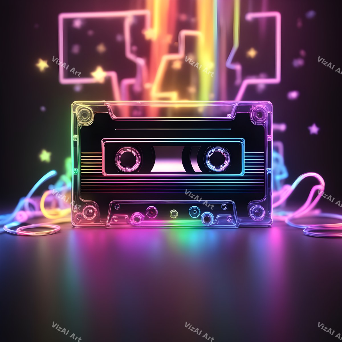 Neon Cassette & Music Notes Art — print 2