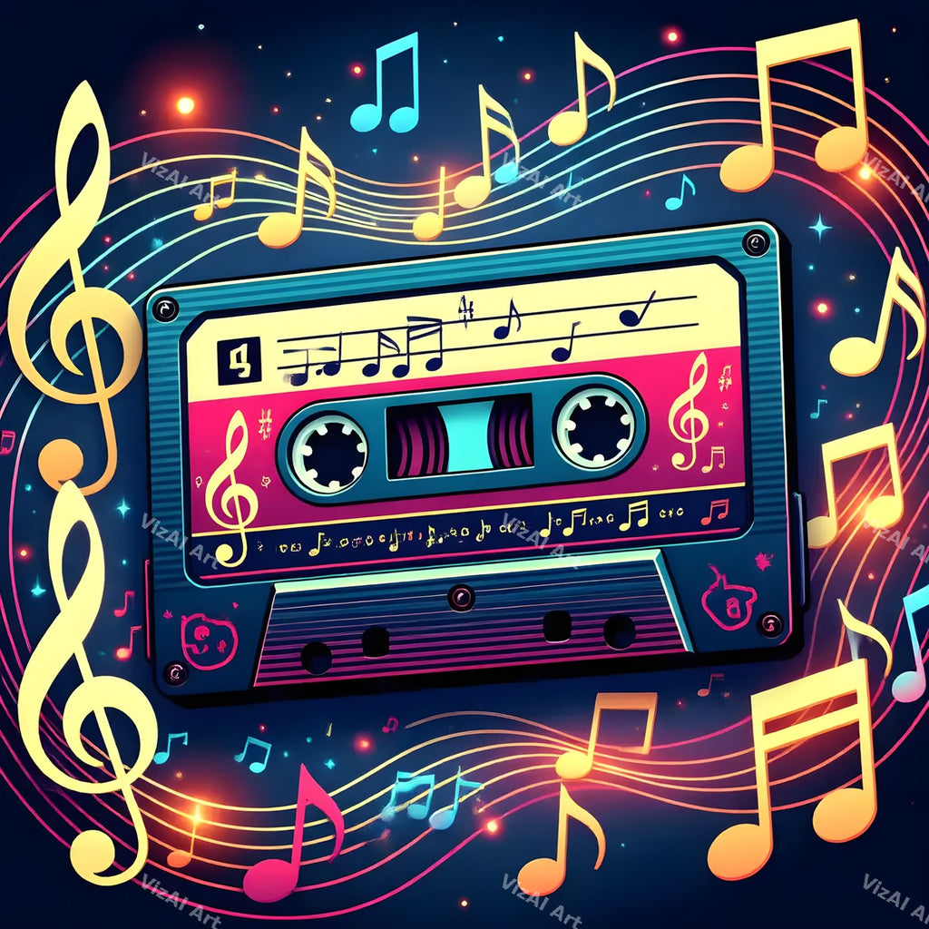 Neon Cassette & Music Notes Art — print 9