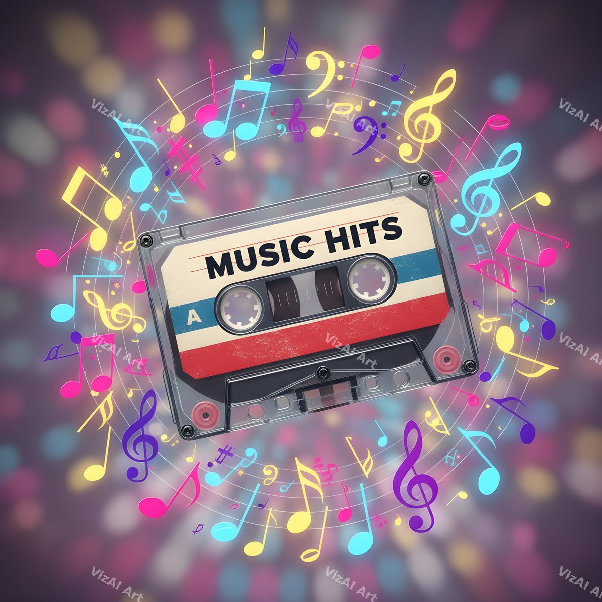 Neon Cassette & Music Notes Art — print 10