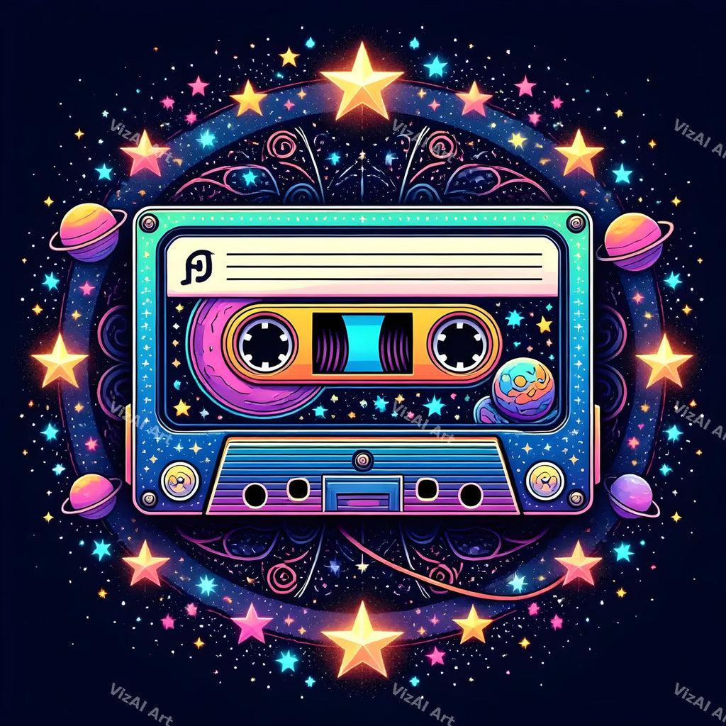 Neon Cassette & Music Notes Art — print 11