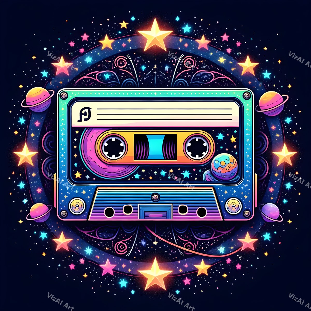 Neon Cassette & Music Notes Art — print 11