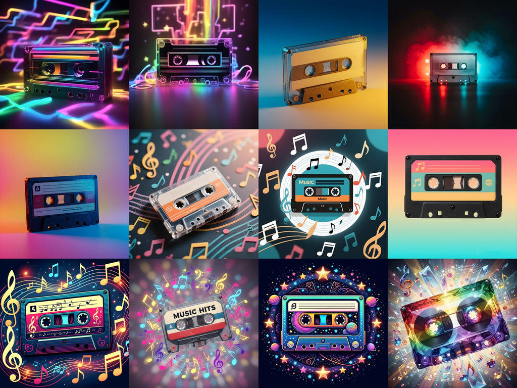 Neon Cassette & Music Notes Art — 12 Printable Prints