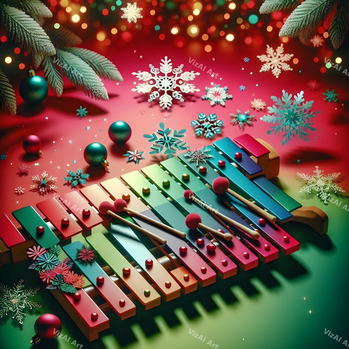 Red & Green Classic Instruments Christmas Music Art — print 3