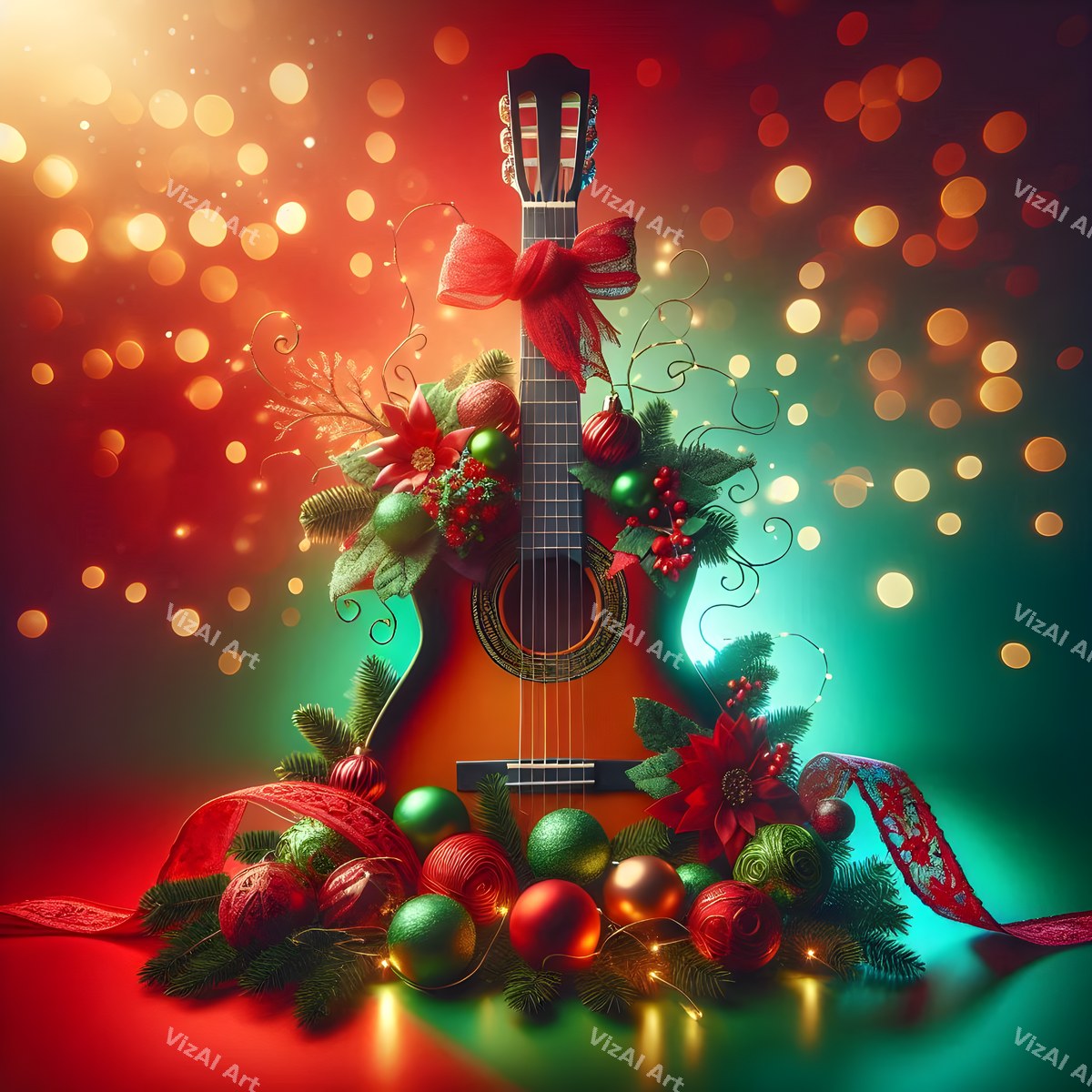 Red & Green Classic Instruments Christmas Music Art — print 10