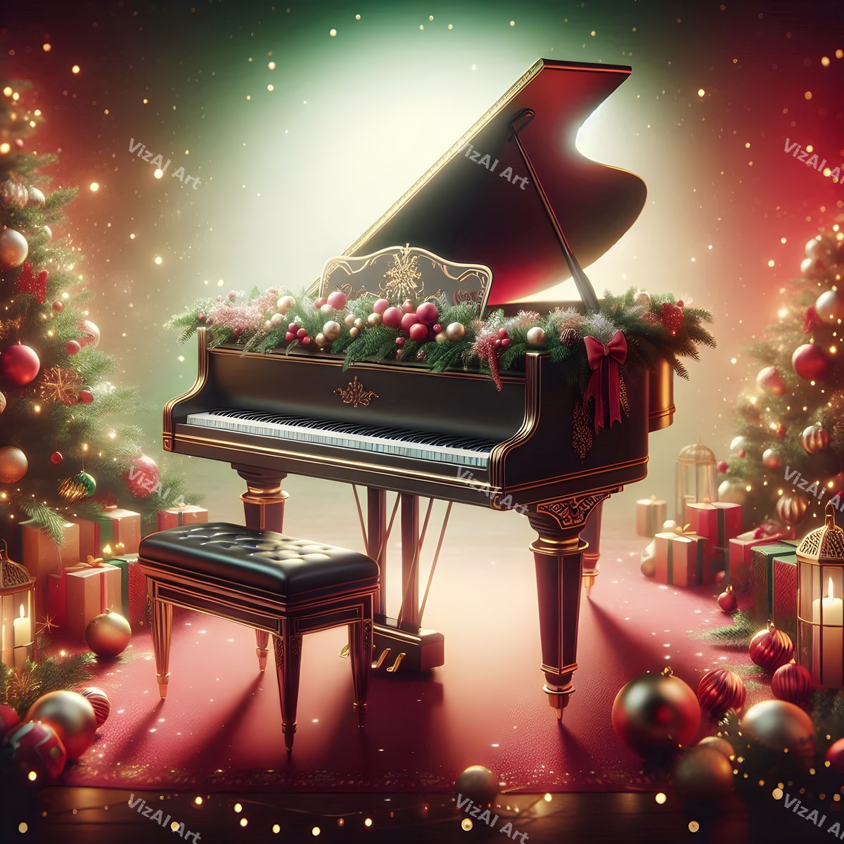 Red & Green Classic Instruments Christmas Music Art — print 11