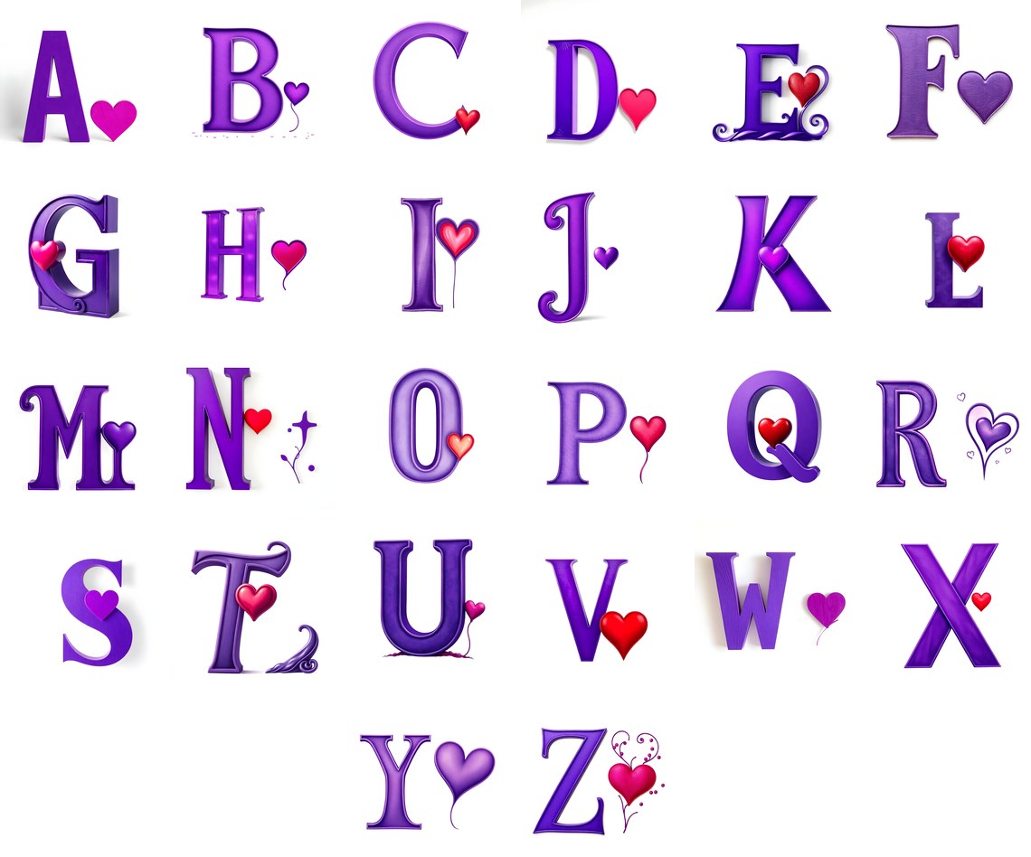 Minimal Purple Heart alphabet — all 26 letters