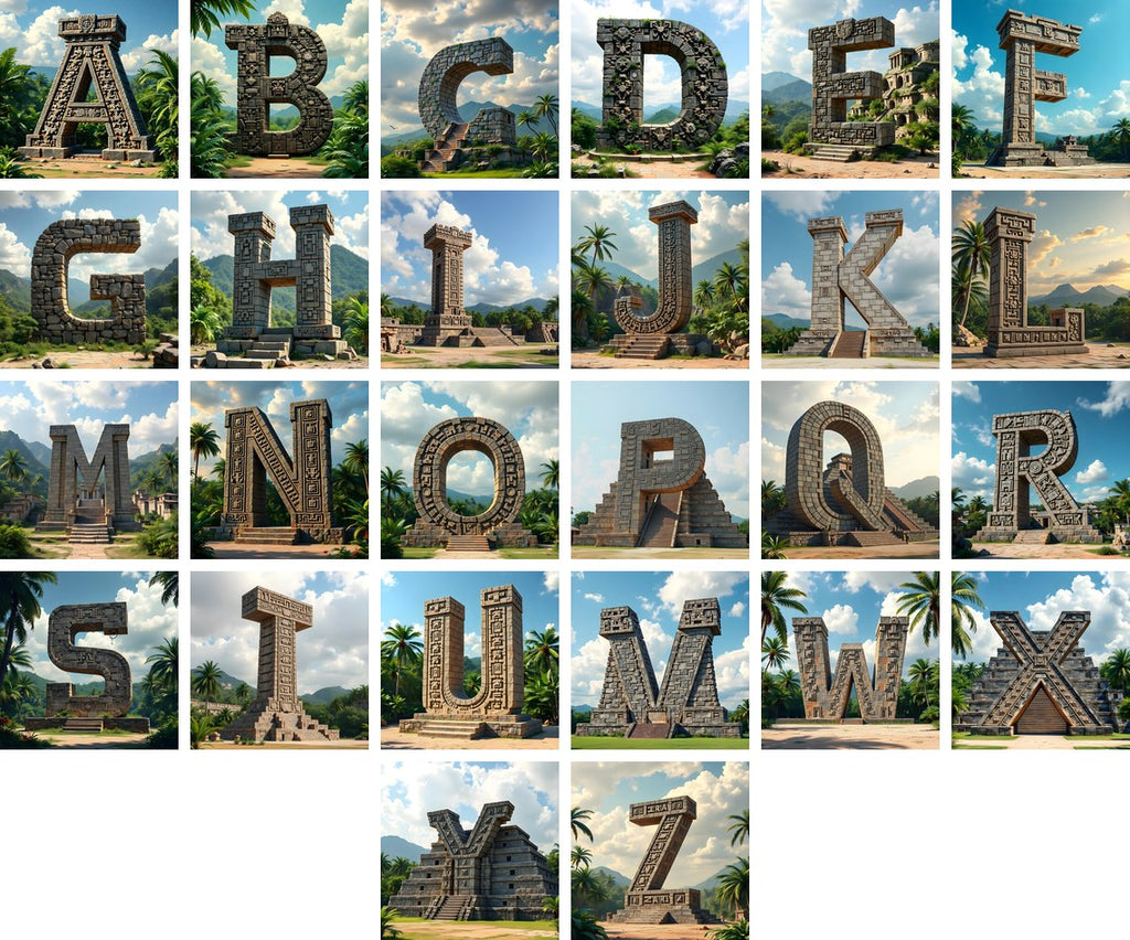 Mayan Stone Temple alphabet — all 26 letters