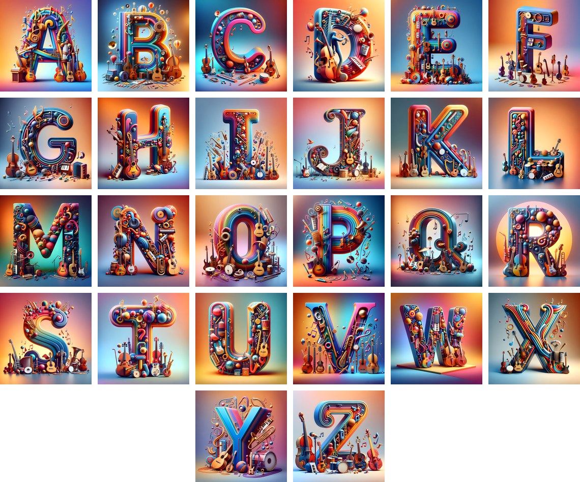 Musical Instrument Studio alphabet — all 26 letters