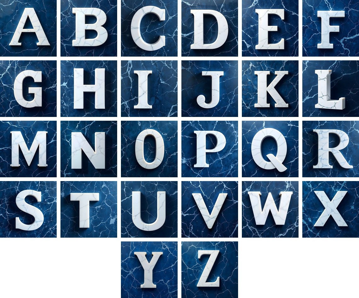 Marble Vein Blue alphabet — all 26 letters