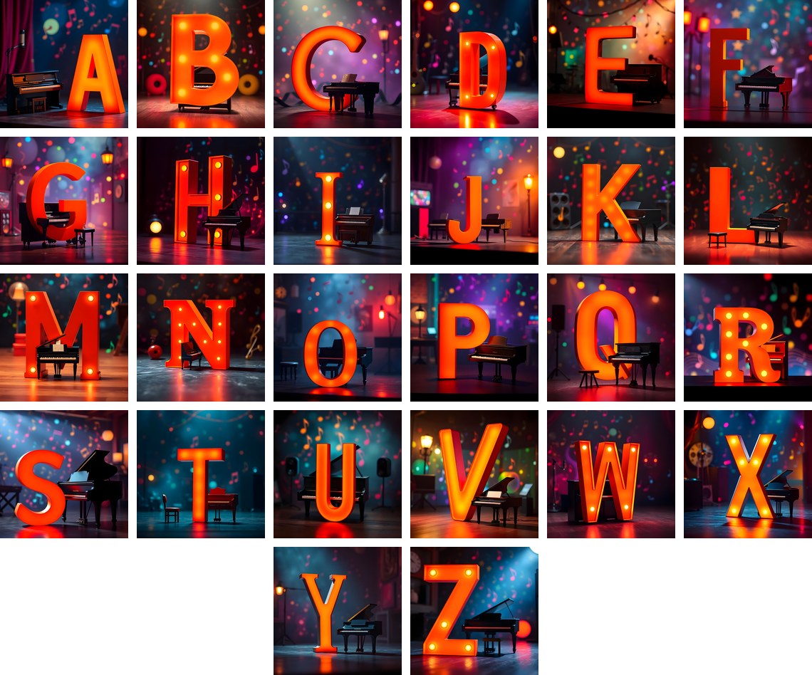 Neon Piano Stage alphabet — all 26 letters
