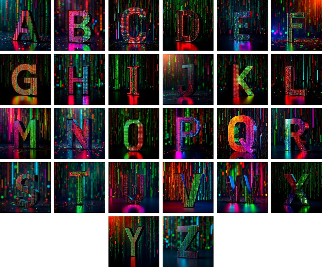 Neon Matrix Grid alphabet — all 26 letters
