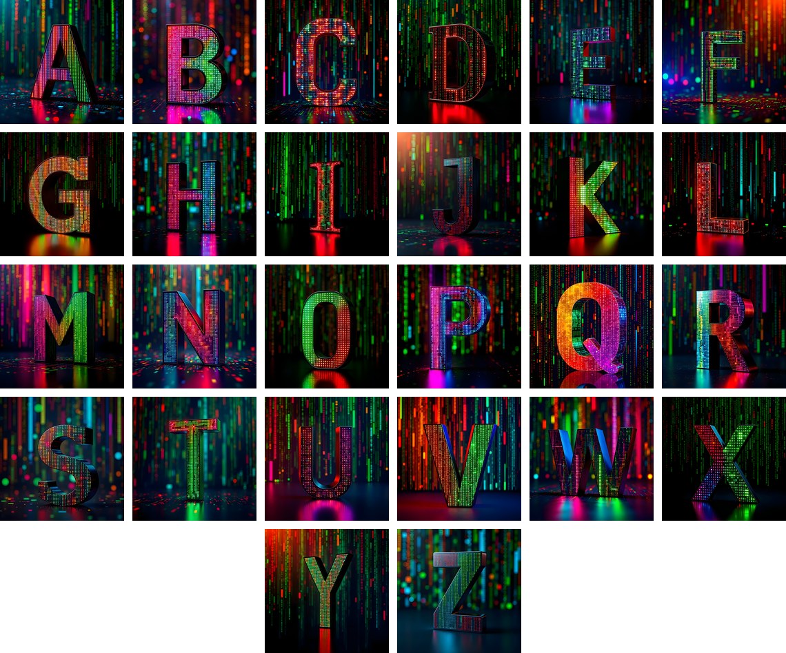 Neon Matrix Grid alphabet — all 26 letters