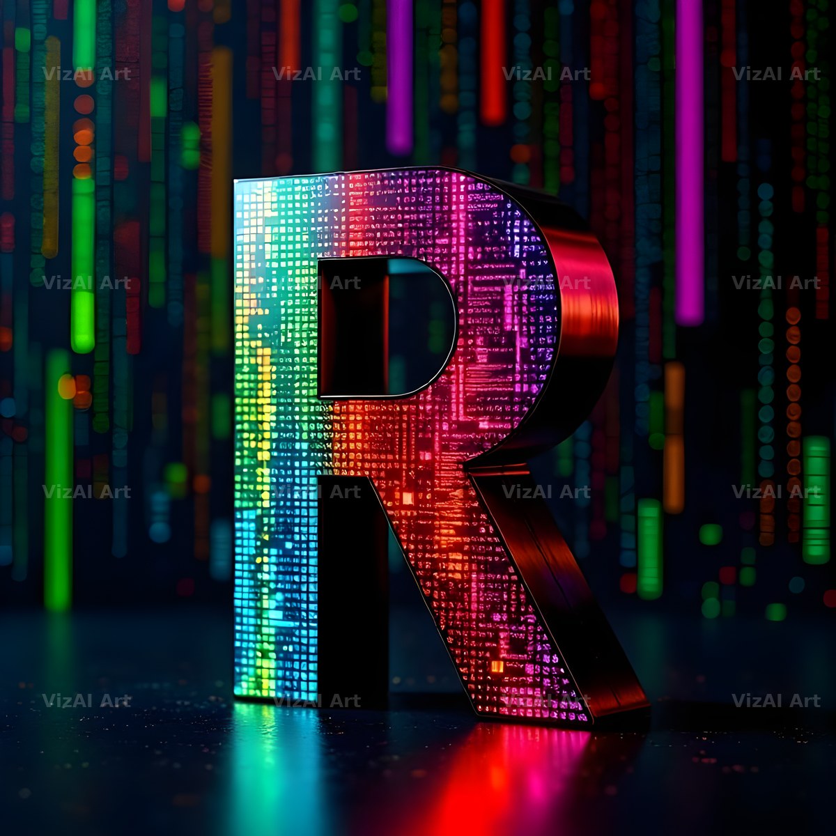 Neon Matrix Grid alphabet letter R