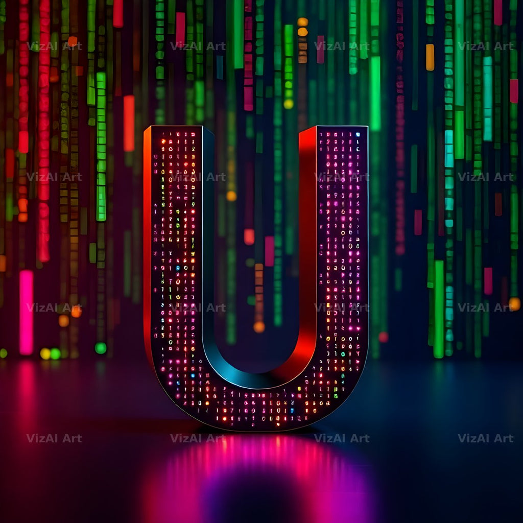 Neon Matrix Grid alphabet letter U