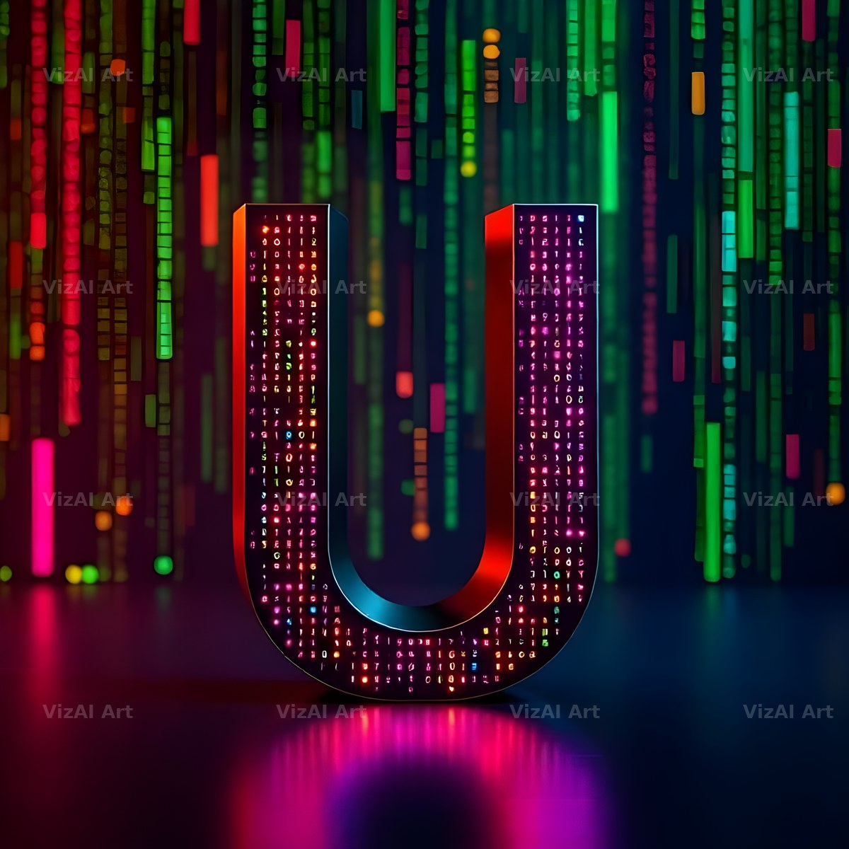 Neon Matrix Grid alphabet letter U