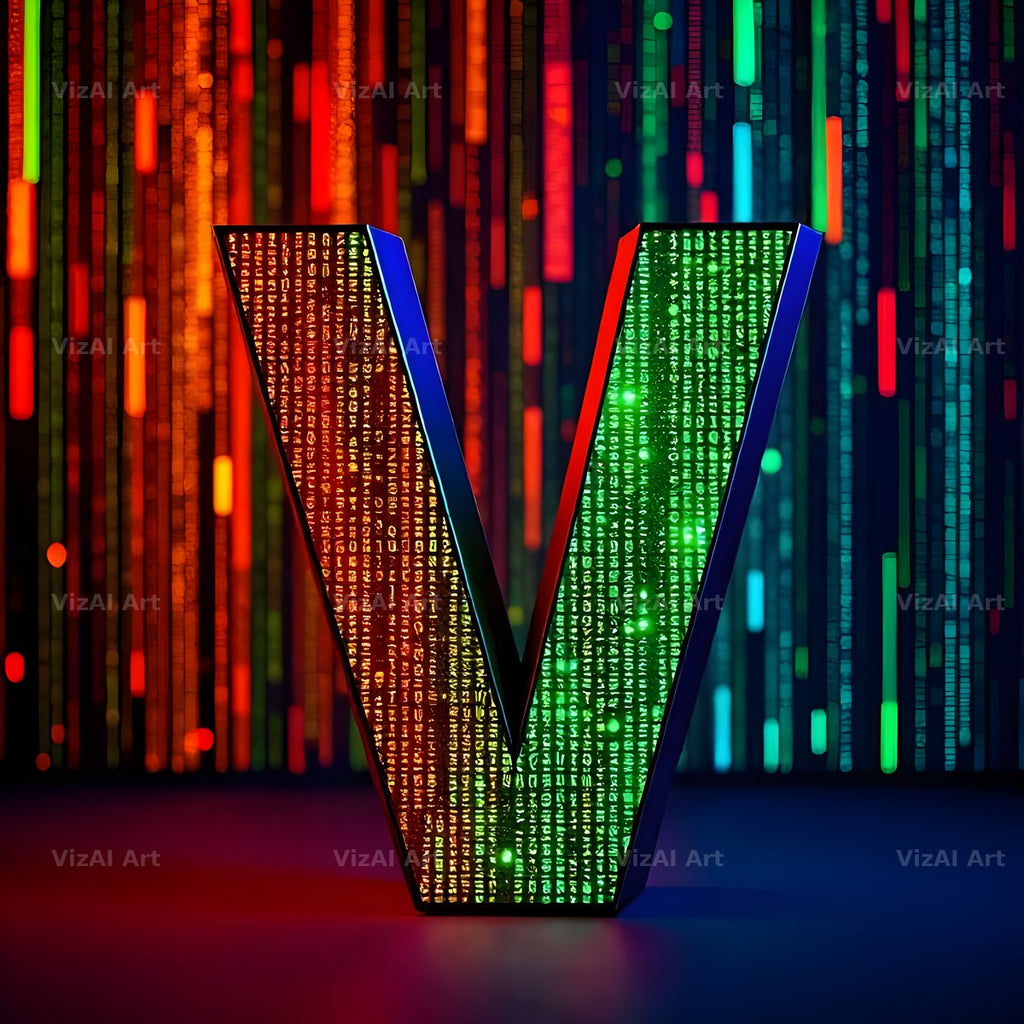 Neon Matrix Grid alphabet letter V