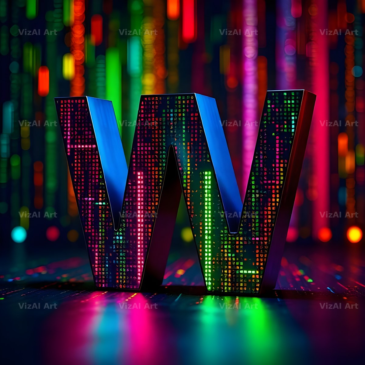 Neon Matrix Grid alphabet letter W