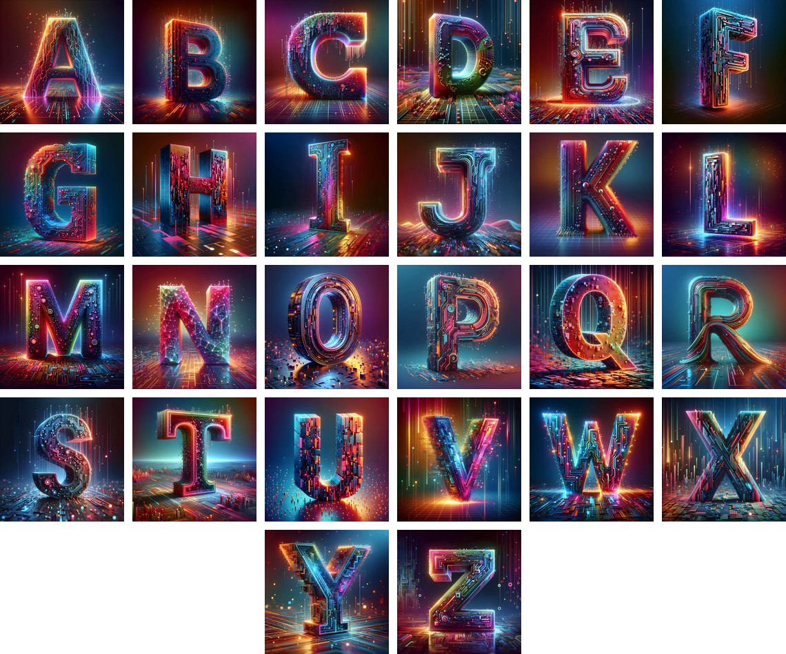 Neon Grid Pulse alphabet — all 26 letters