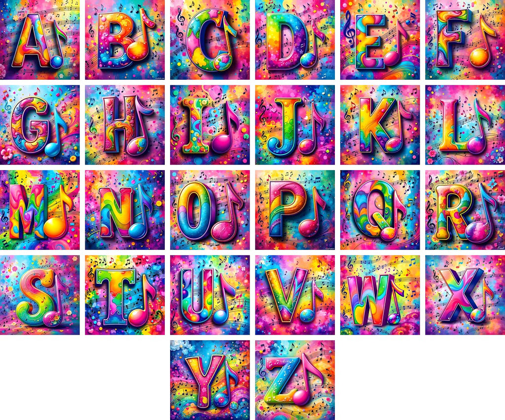 Confetti Music Note alphabet — all 26 letters