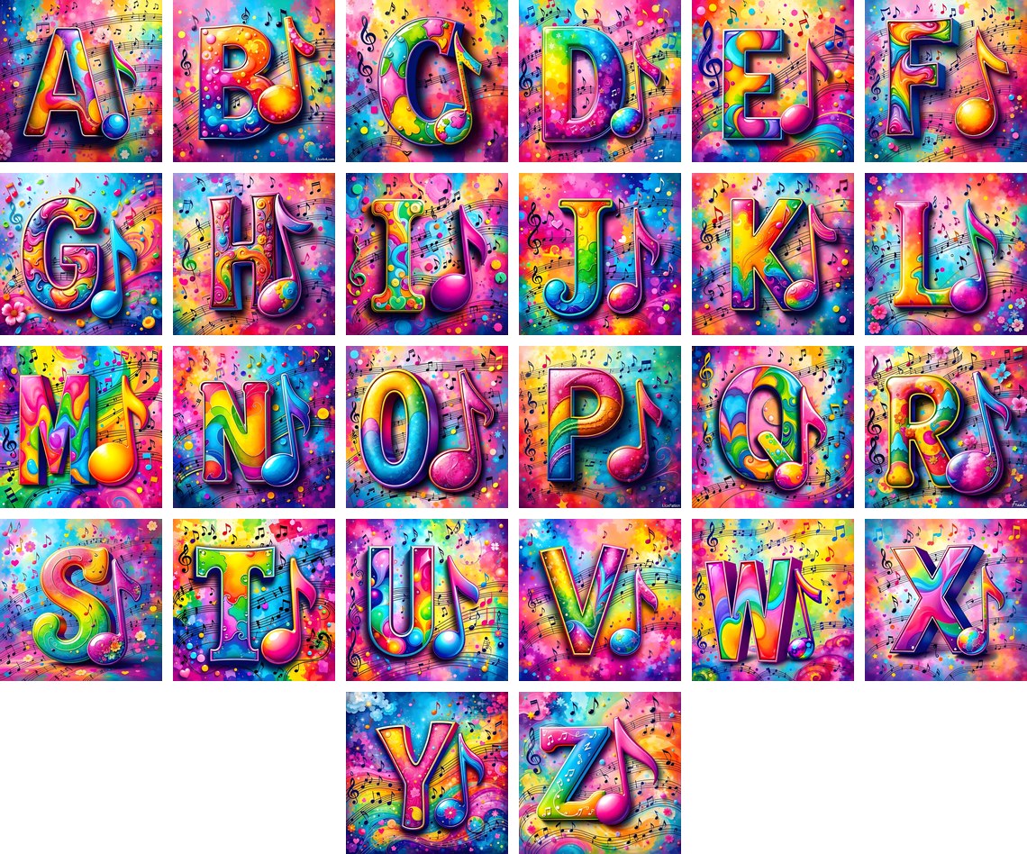 Confetti Music Note alphabet — all 26 letters