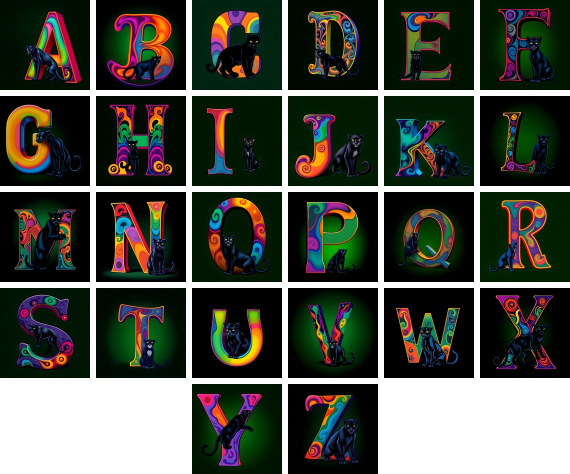 Neon Panther Prowl alphabet — all 26 letters
