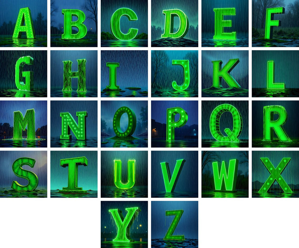 Neon Rain Night alphabet — all 26 letters