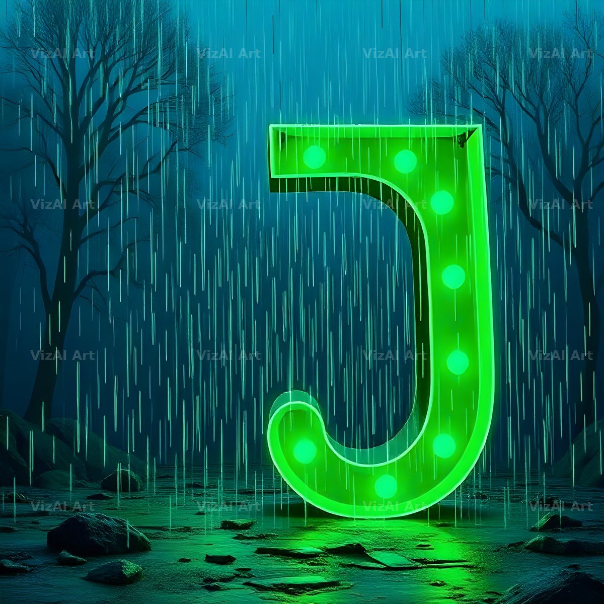 Neon Rain Night alphabet letter J