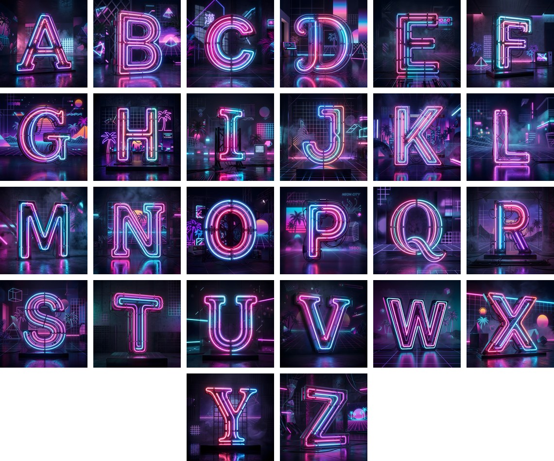 Neon Outline Glow alphabet — all 26 letters