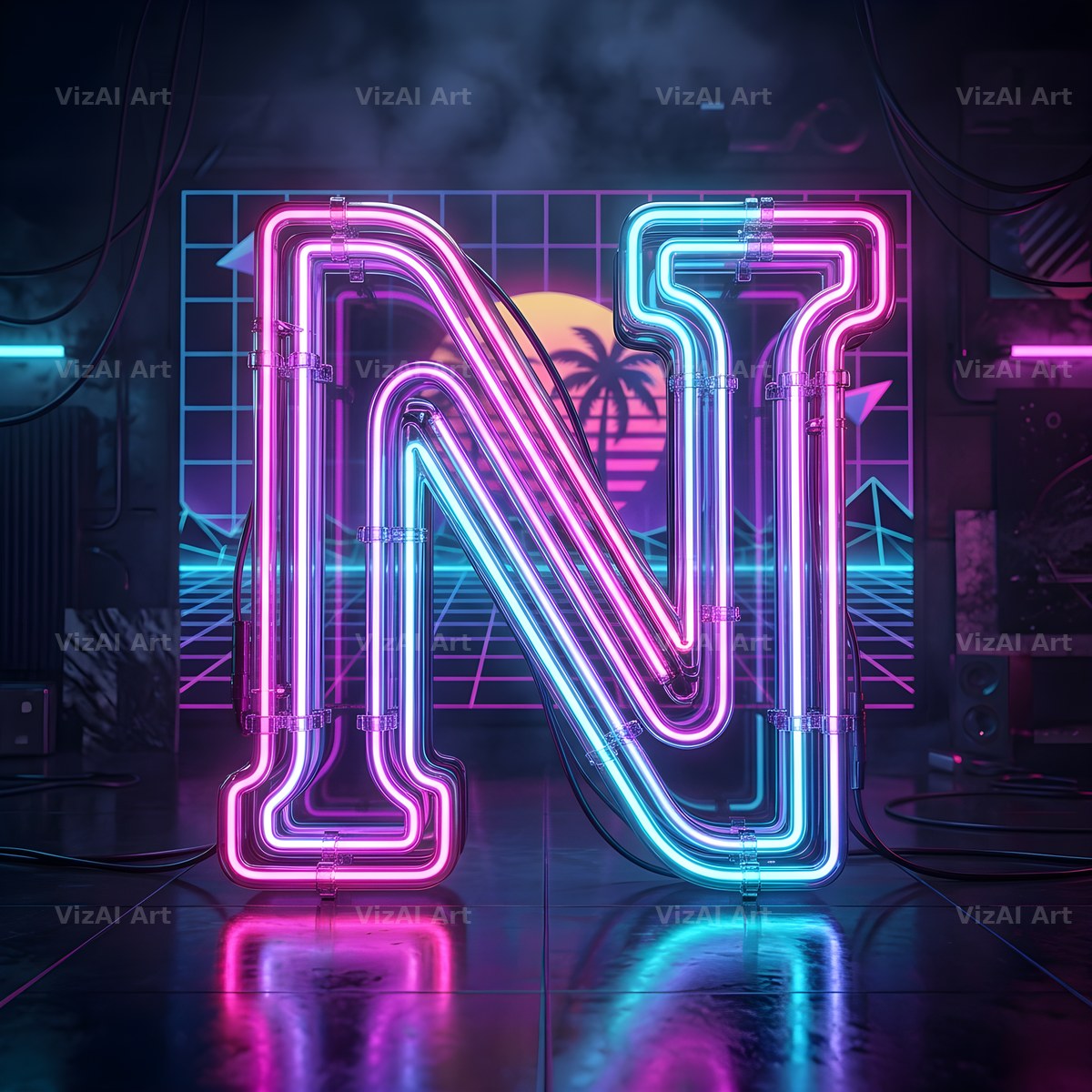 Neon Outline Glow alphabet letter N