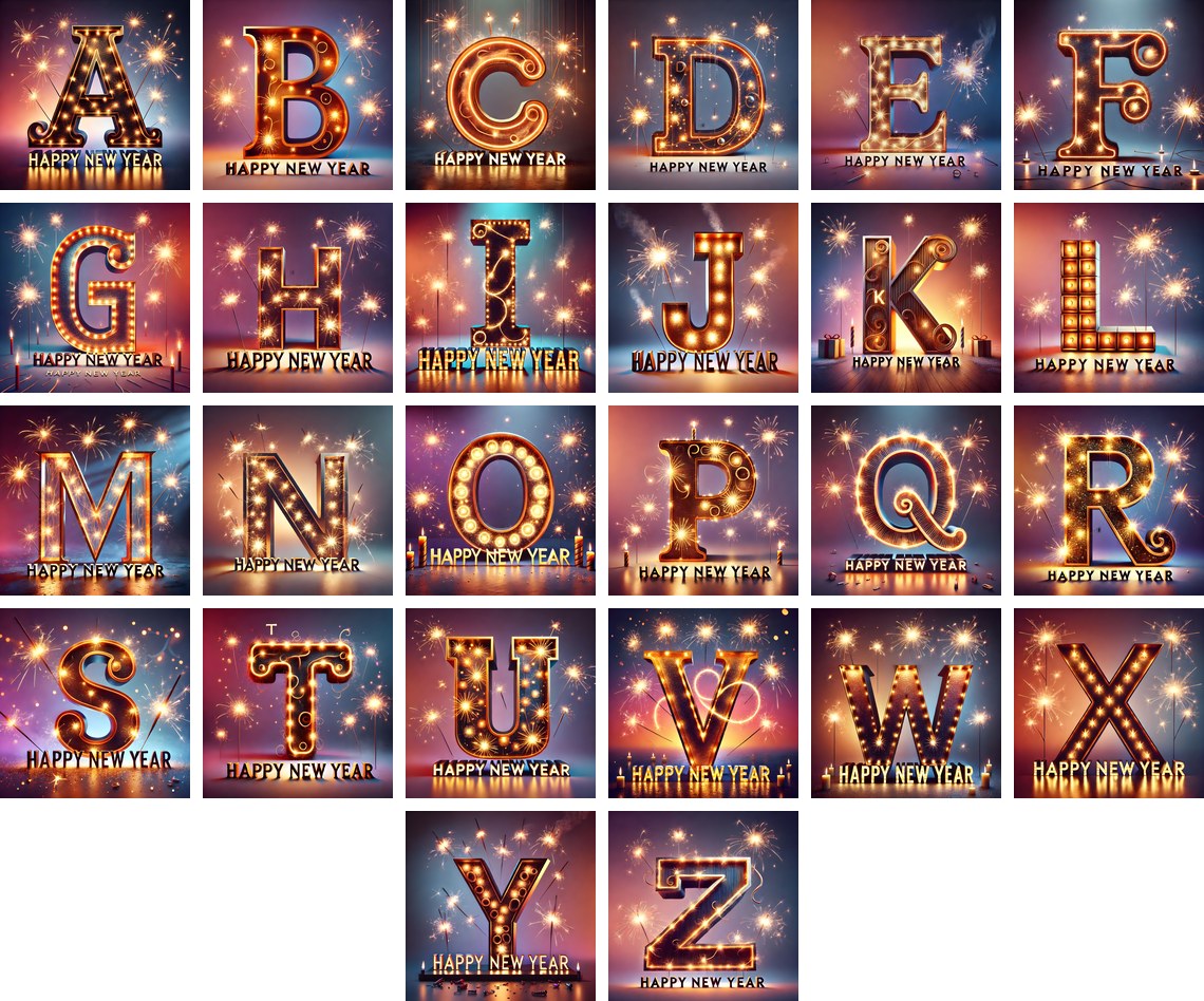New Year Sparkle alphabet — all 26 letters