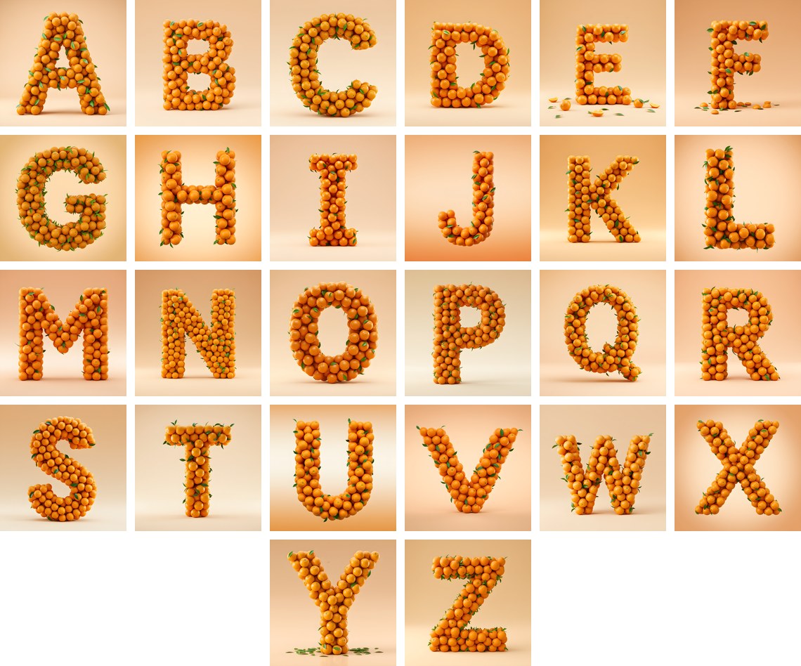 Orange Harvest alphabet — all 26 letters