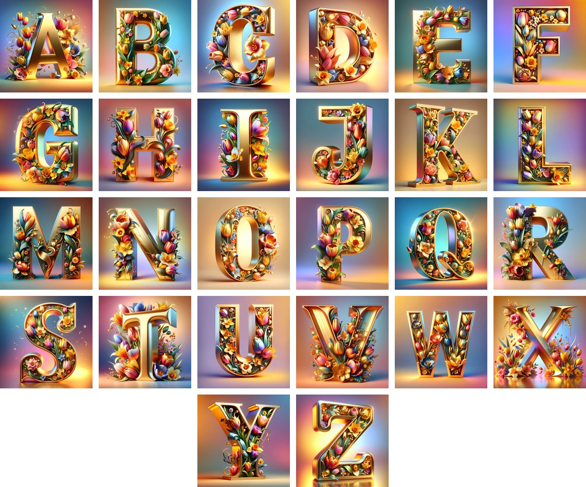 Gold Leaf Blossom alphabet — all 26 letters