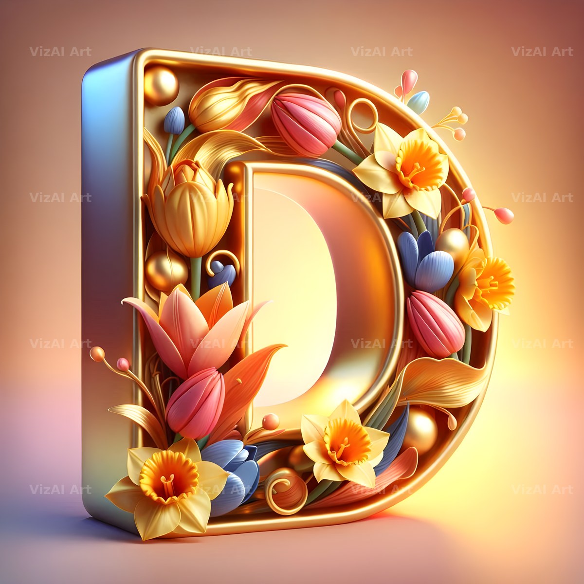 Gold Leaf Blossom alphabet letter D