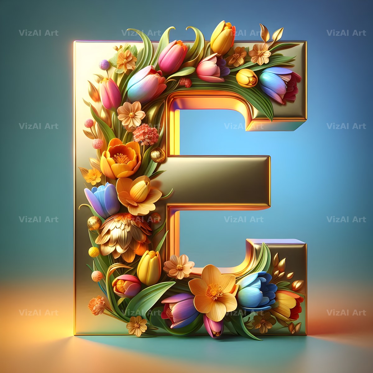 Gold Leaf Blossom alphabet letter E
