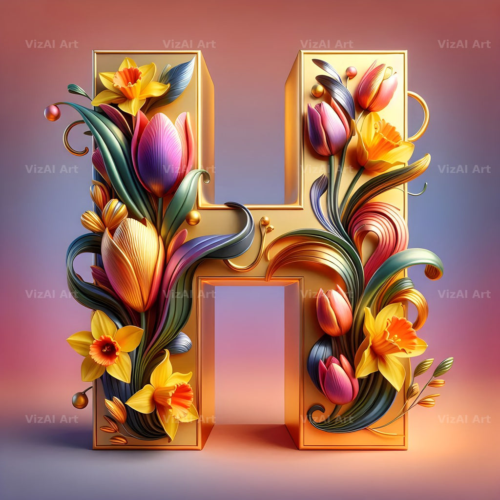 Gold Leaf Blossom alphabet letter H