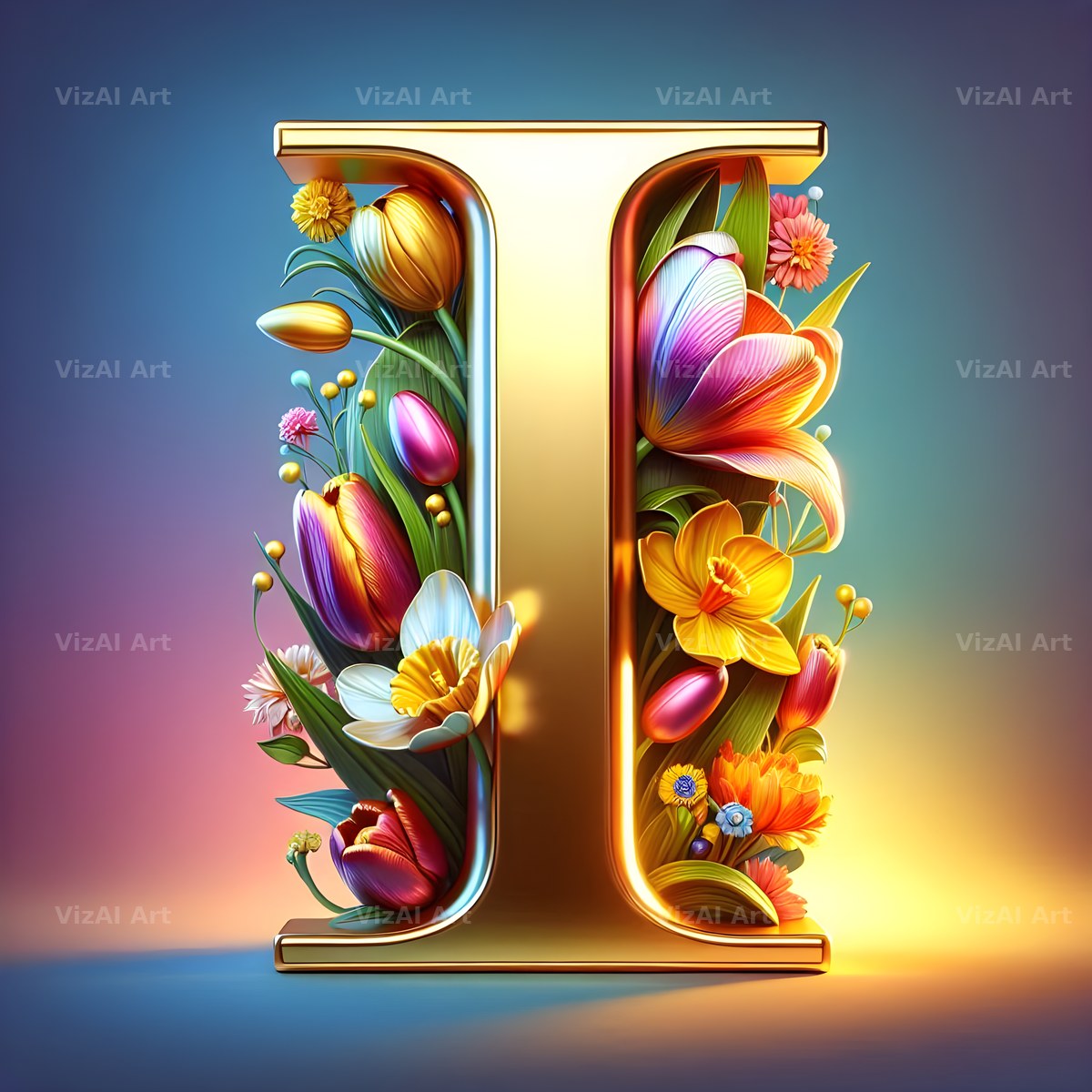 Gold Leaf Blossom alphabet letter I