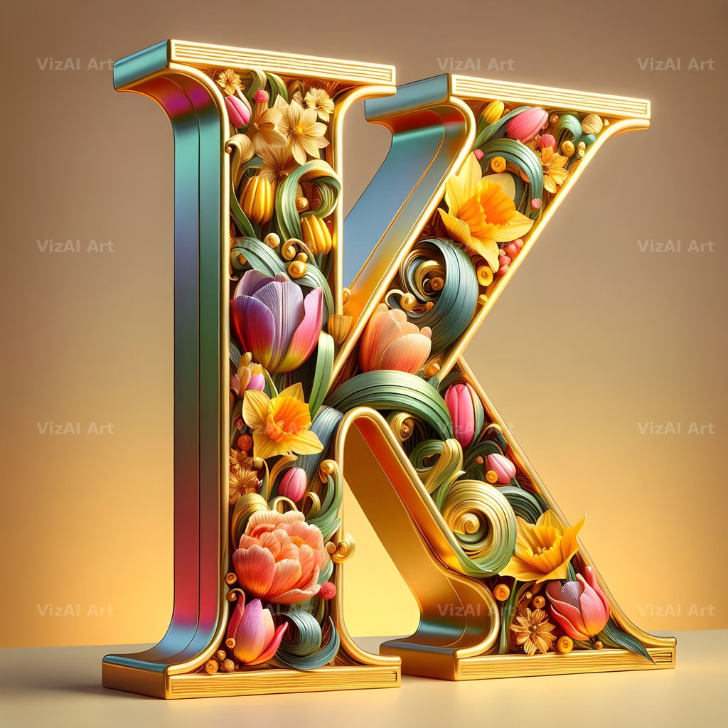 Gold Leaf Blossom alphabet letter K