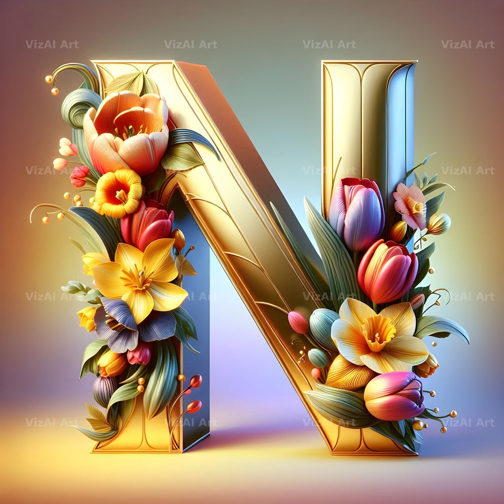 Gold Leaf Blossom alphabet letter N