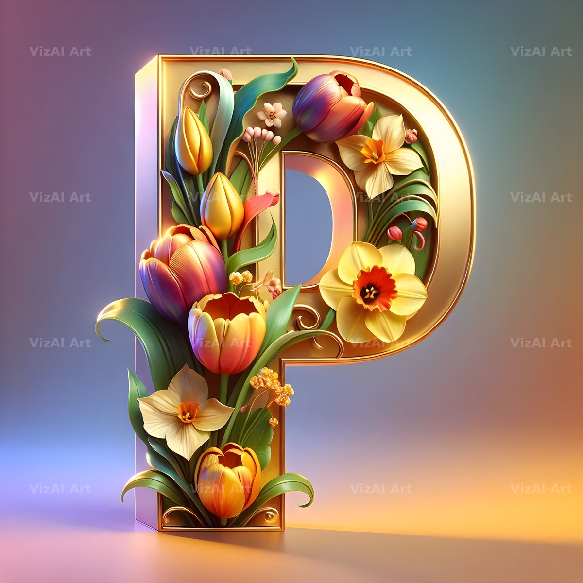Gold Leaf Blossom alphabet letter P