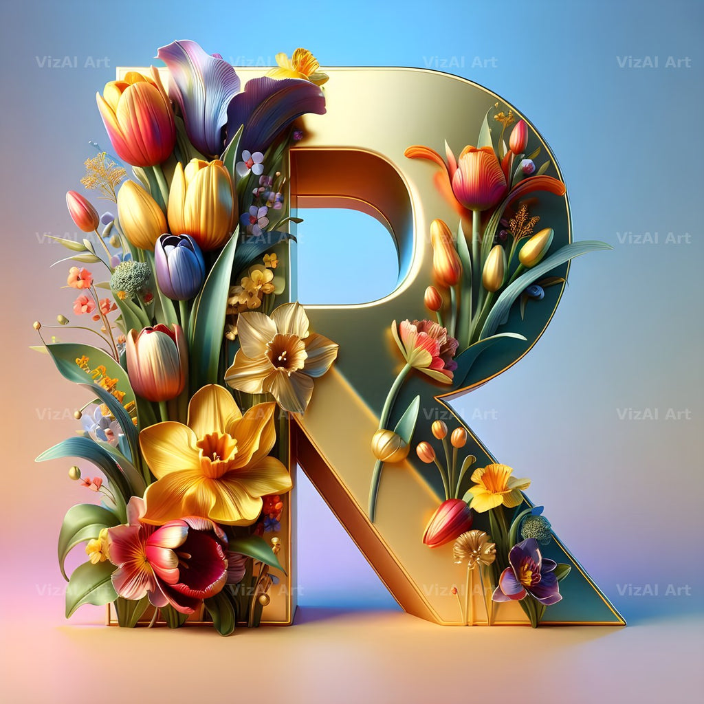 Gold Leaf Blossom alphabet letter R