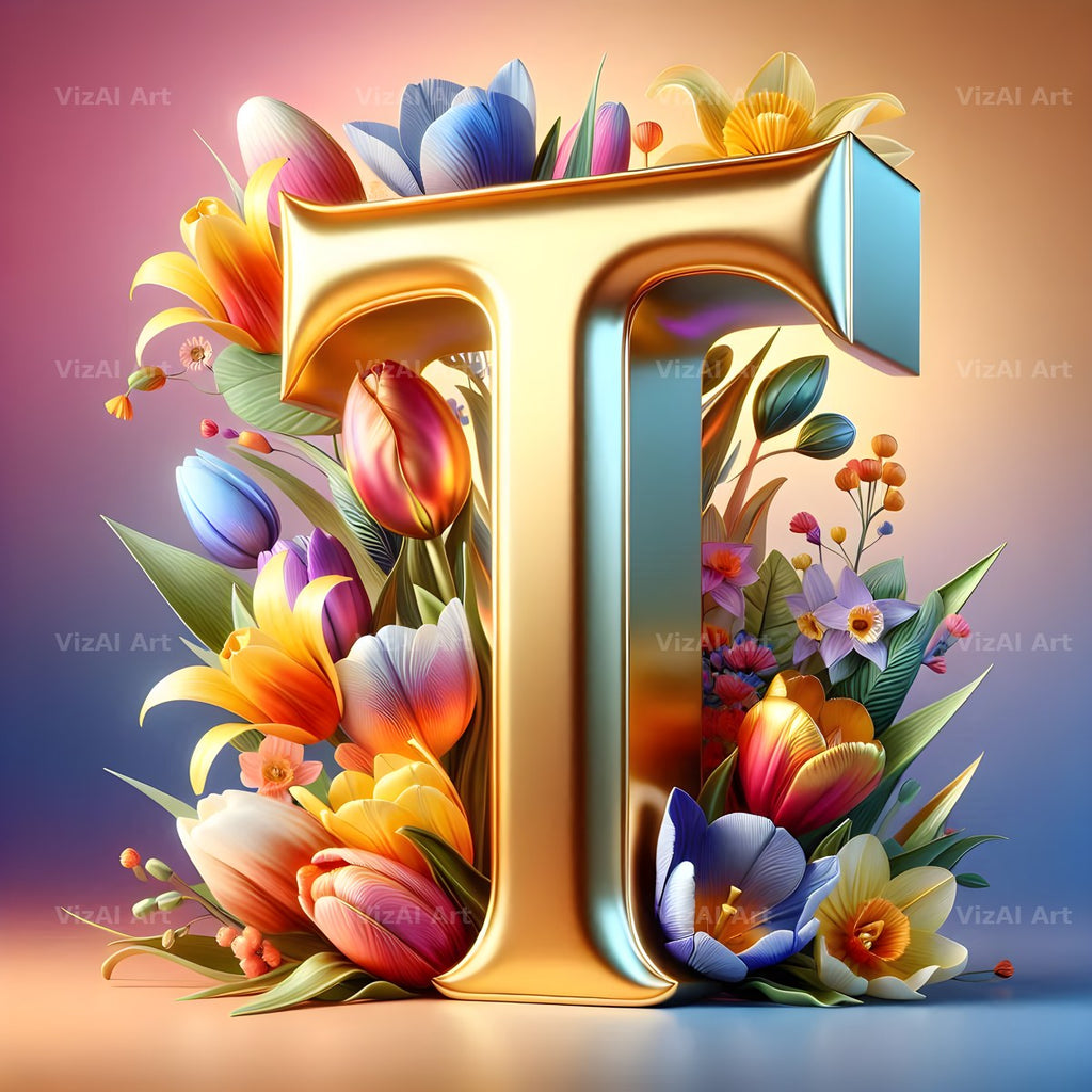 Gold Leaf Blossom alphabet letter T