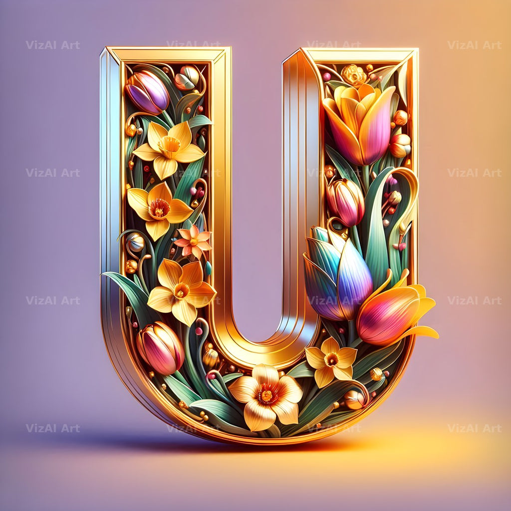 Gold Leaf Blossom alphabet letter U